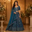 Women's Teal Blue Floral Lehenga Choli with Net Dupatta for Wedding Reception and Festive Party Wear
