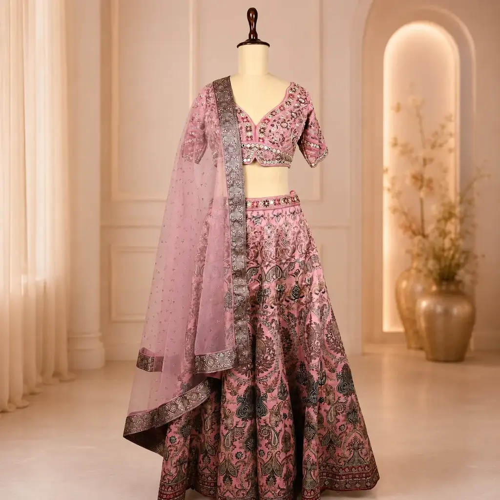 Women's Mauve Pink Lehenga Choli with Paisley Embroidery and Net Dupatta