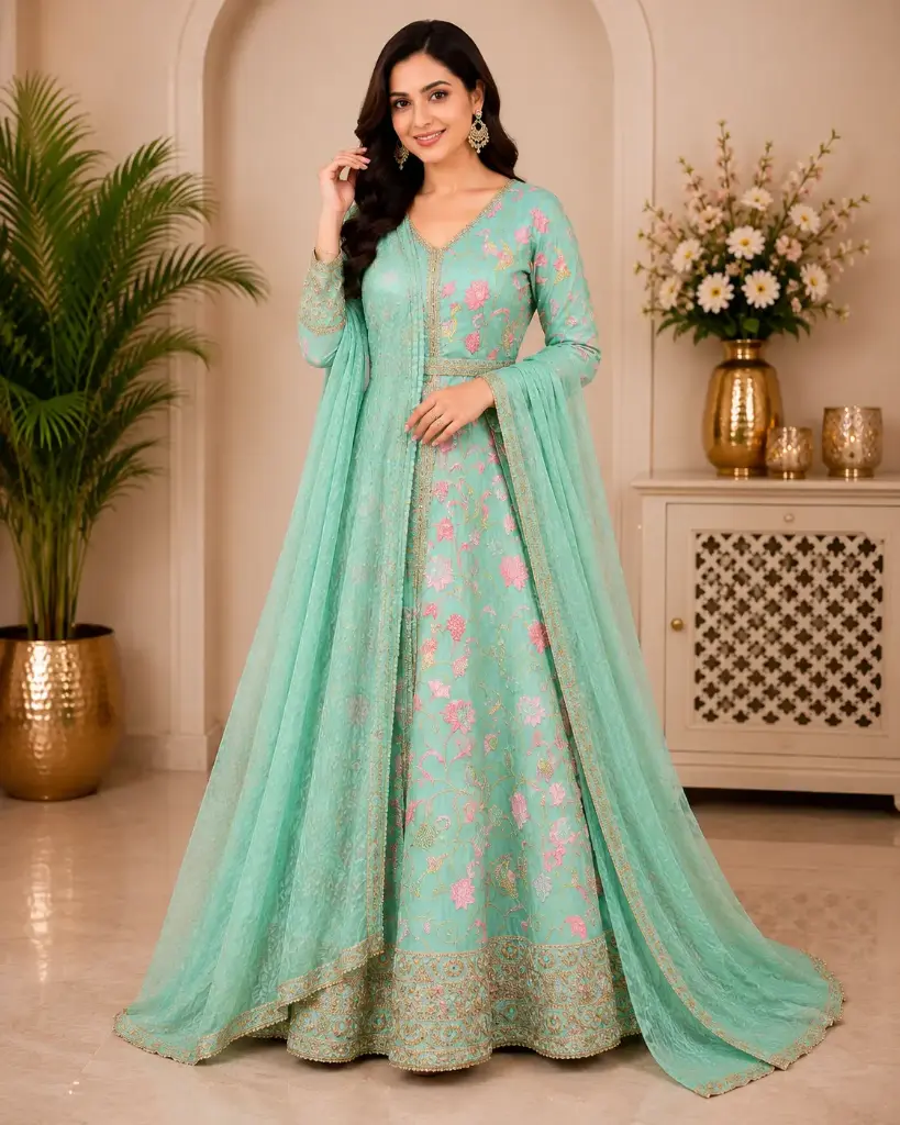 Elegant Mint Green Floral Embroidered Anarkali Suit Set for Women with Dupatta