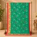 Women's Teal Green Saree with Rose Floral Print, Bird Border