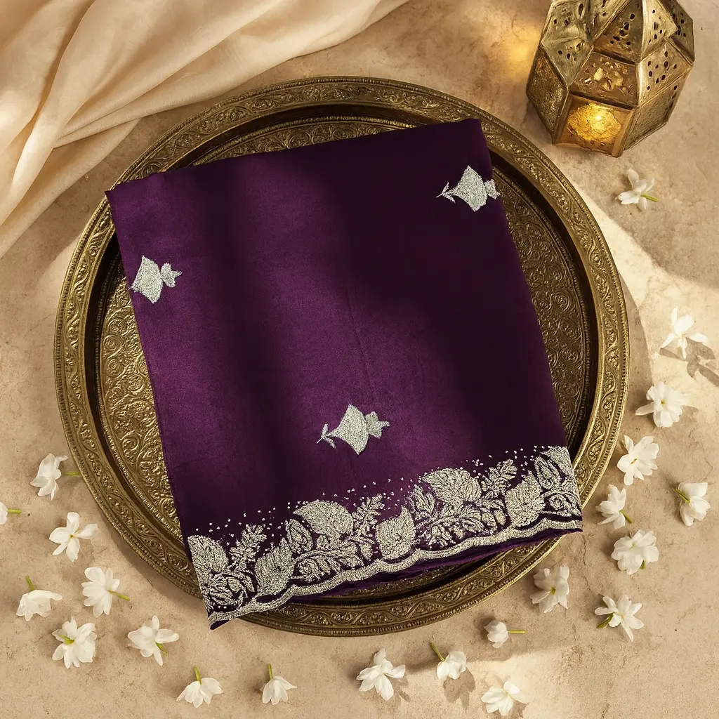 Elegant Deep Purple Chiffon Saree with Intricate Zari Embroidery