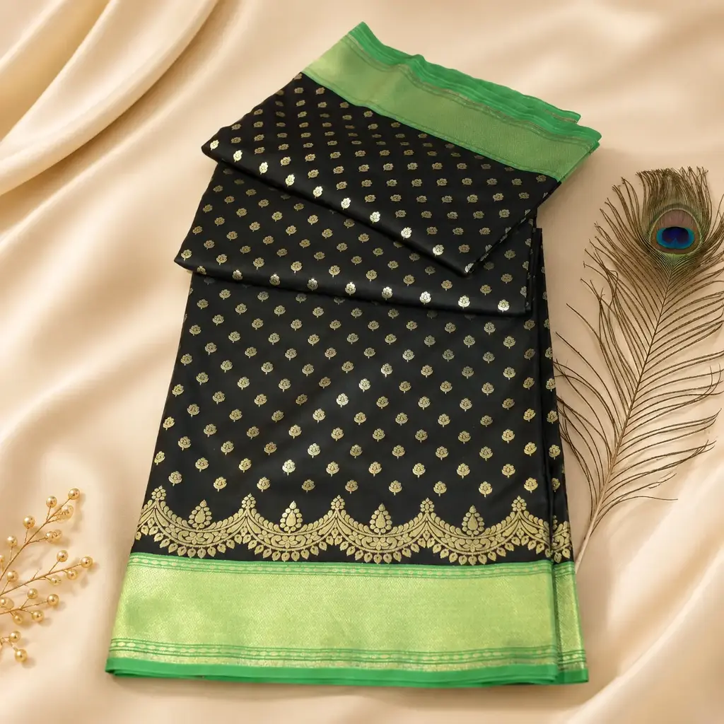 Black Silk Saree with Green Border, Gold Buti Work & Peacock Feather