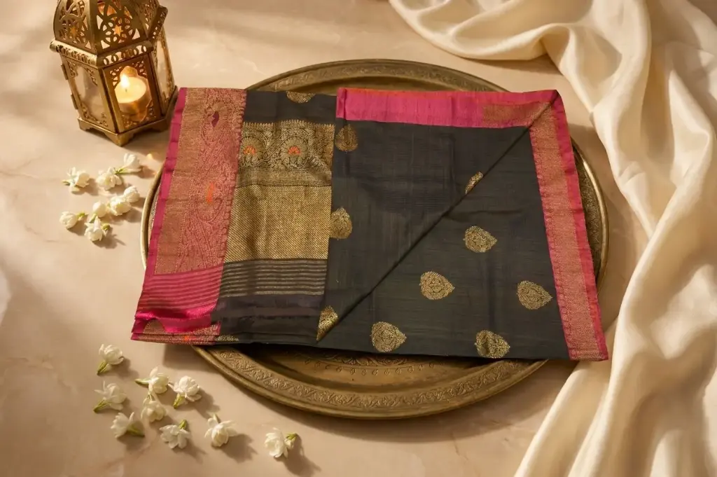 Charcoal Grey Tussar Silk Saree with Pink Zari Border