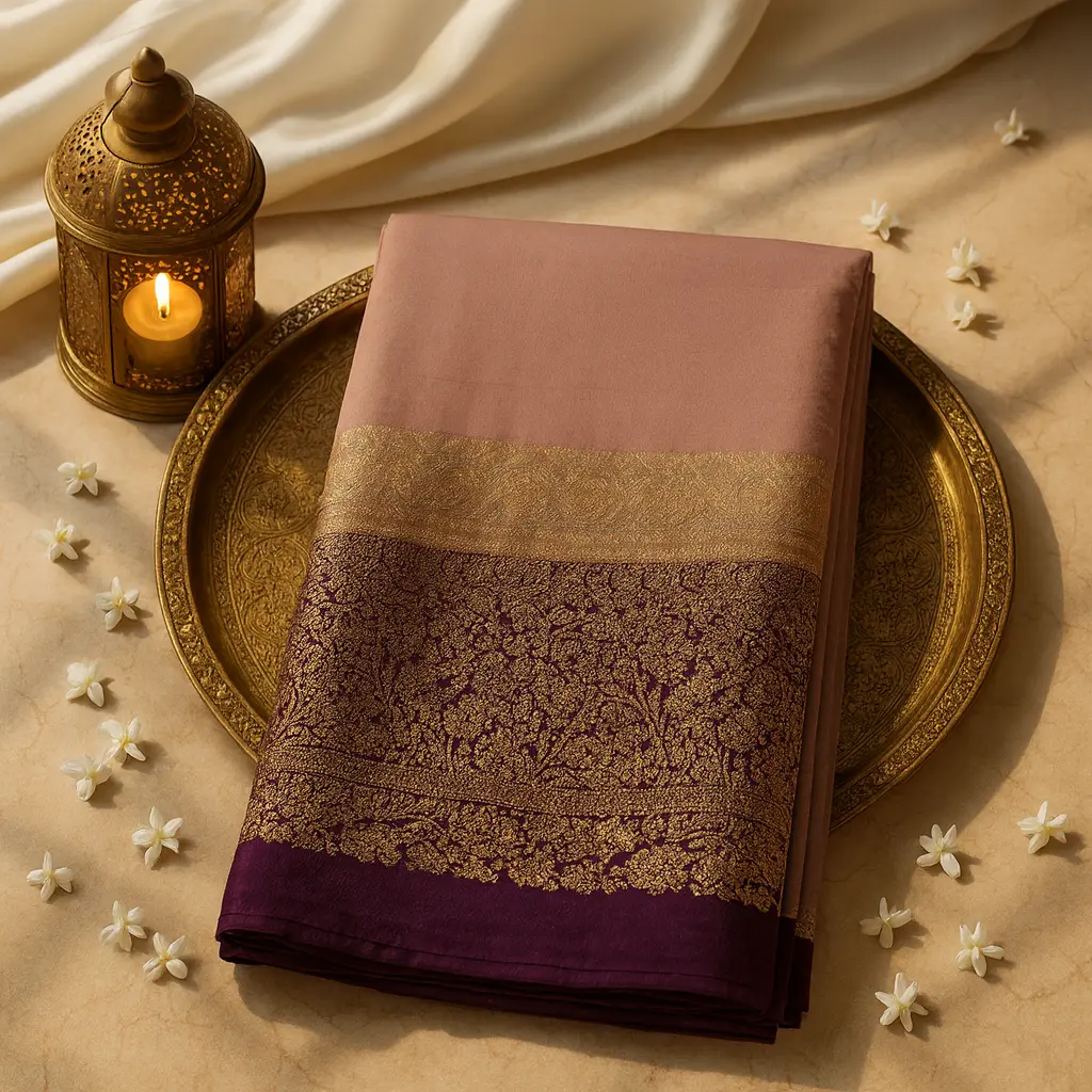 Elegant Mauve Silk Saree with Rich Traditional Zari Border