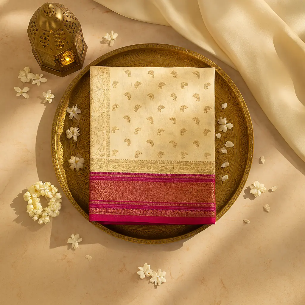 Elegant Cream and Magenta Silk Zari Woven Designer Saree