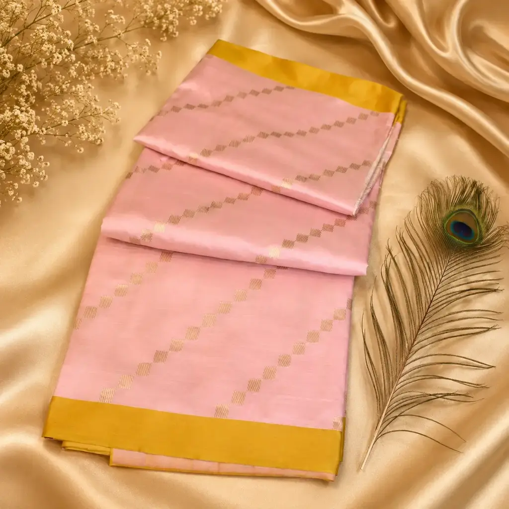 Elegant Baby Pink Silk Saree with Mustard Yellow Border & Gold Zari Stripes