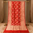 Red Banarasi Style Silk Saree with Golden Floral Zari Weave and Broad Traditional Border