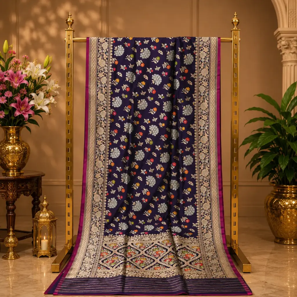 Navy Blue Banarasi Style Saree with Multicolor Floral Zari Weave and Ornate Magenta Border