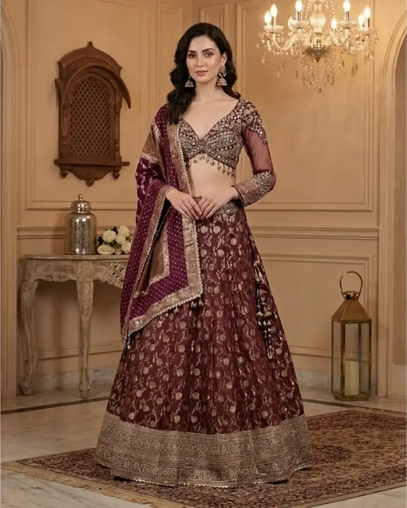 Deep Wine Silk Embroidered Mirror Work Bridal Lehenga Set