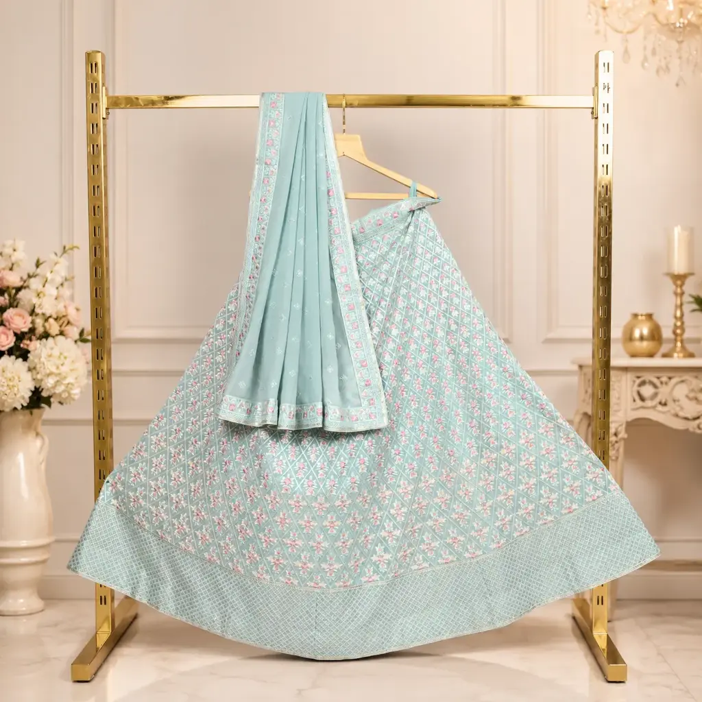 Women's Powder Blue Lehenga Choli with Floral Embroidery and Matching Dupatta