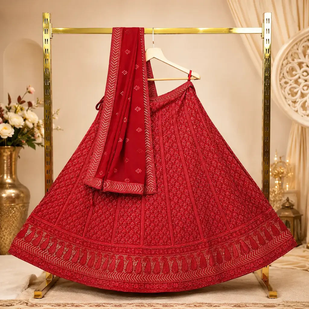 Women's Wine Red Embroidered Lehenga Choli with Matching Dupatta