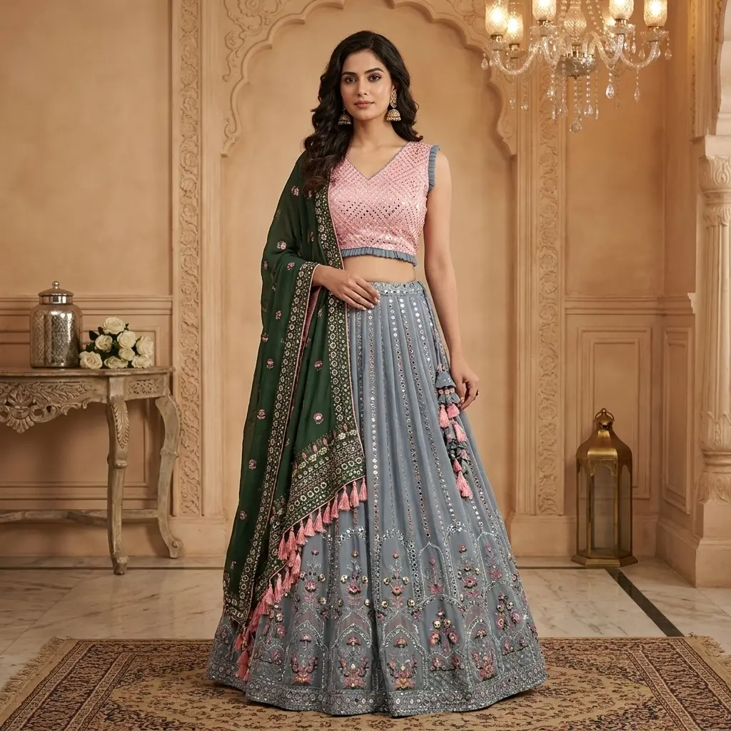 Pastel Pink and Slate Blue Embroidered Georgette Lehenga Set