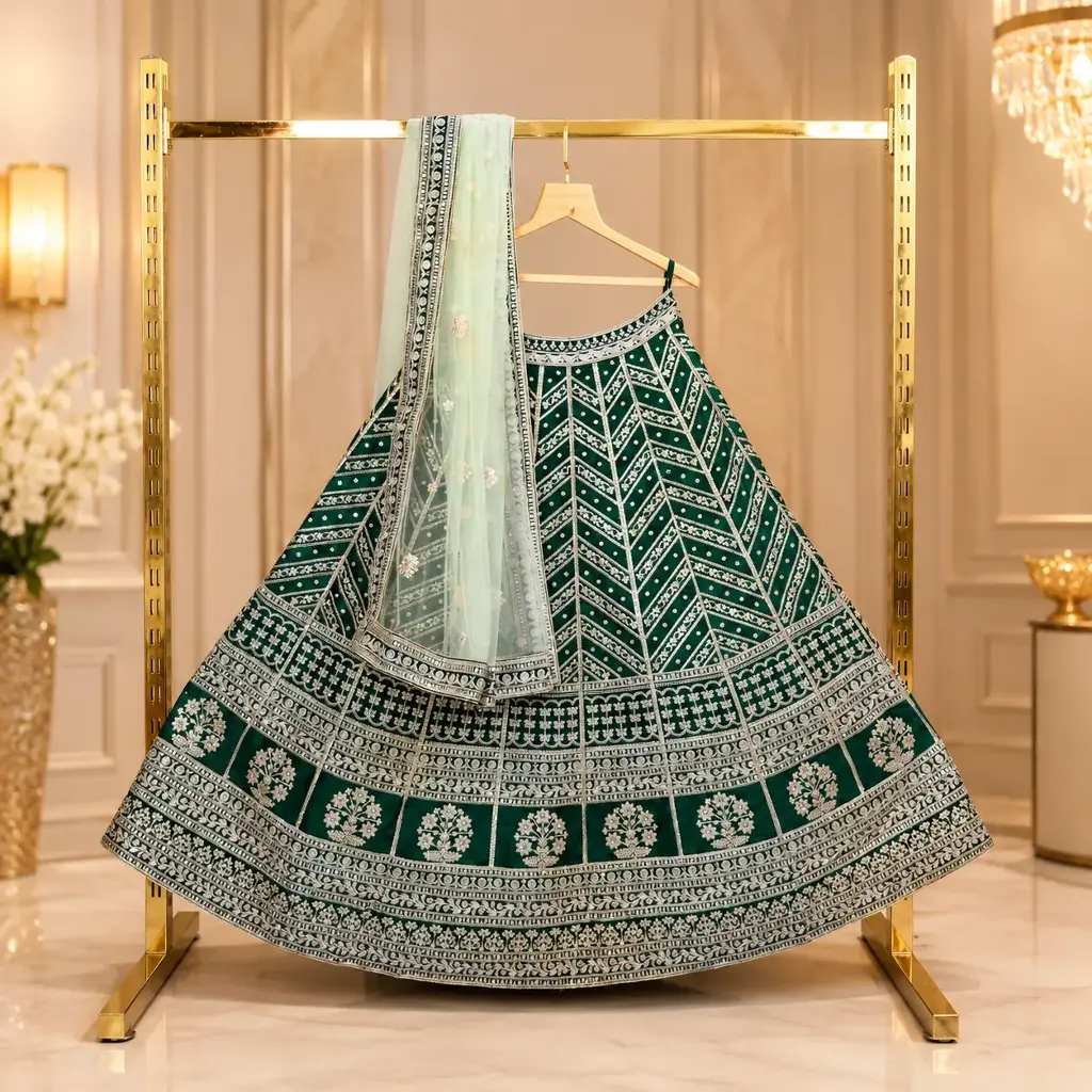 Women's Emerald Green Lehenga Choli with Silver Embroidery & Mint Dupatta