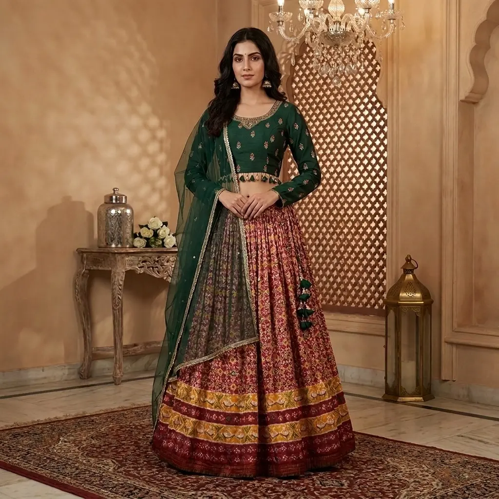 Bottle Green and Maroon Patola Print Silk Lehenga Choli Set