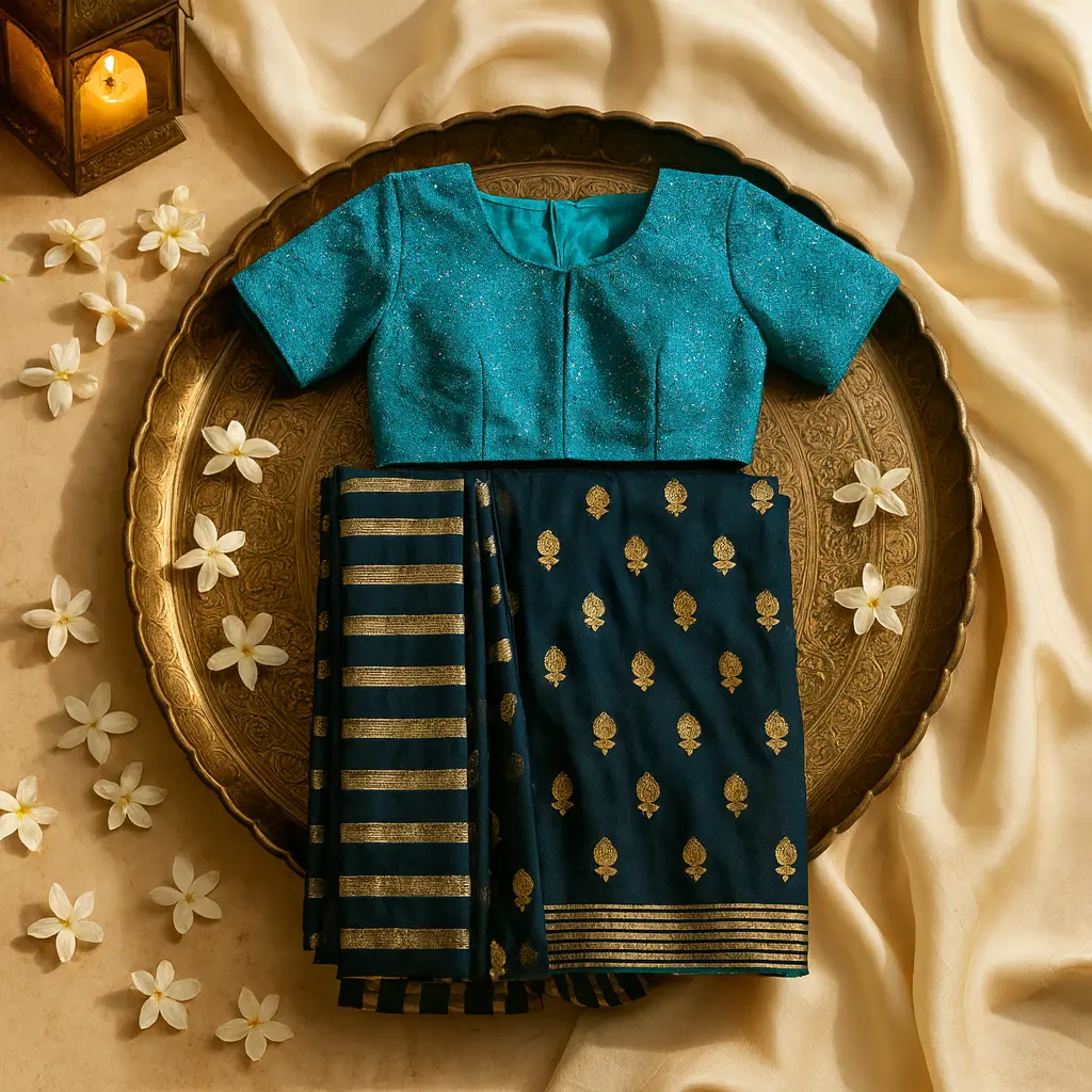 Elegant Navy Blue Designer Saree with Embellished Teal Blouse