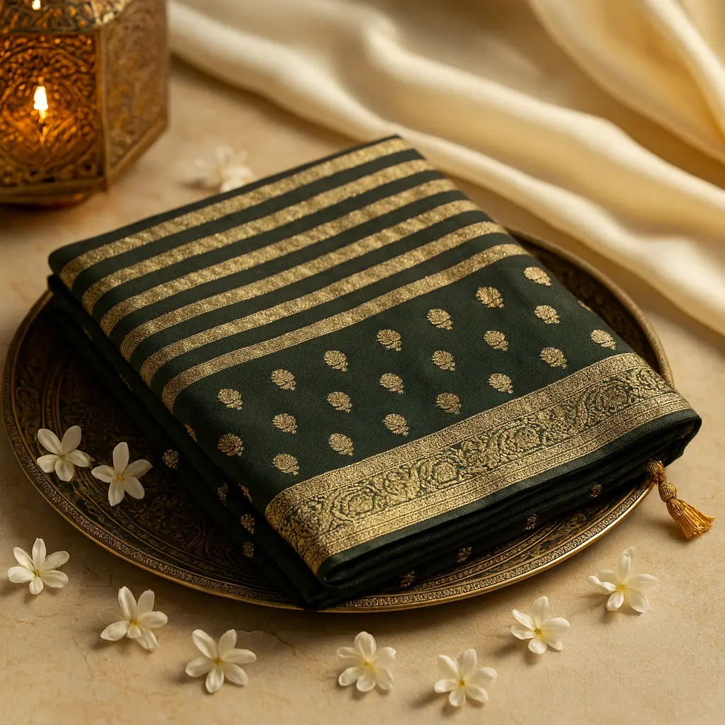 Elegant Bottle Green Striped Saree with Contrast Mustard Blouse