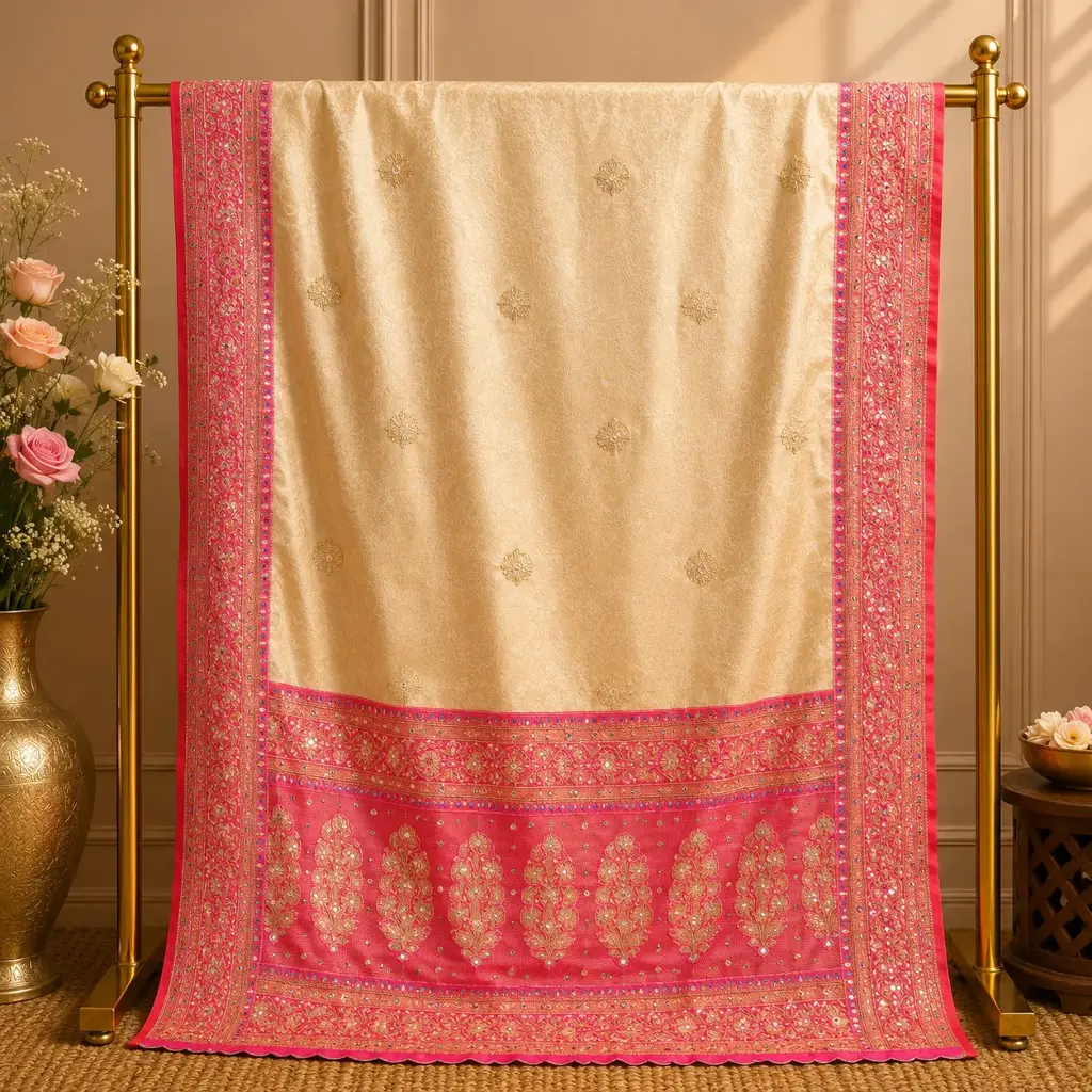 Ivory Gold Saree with Pink Embroidered Border and Paisley Pallu
