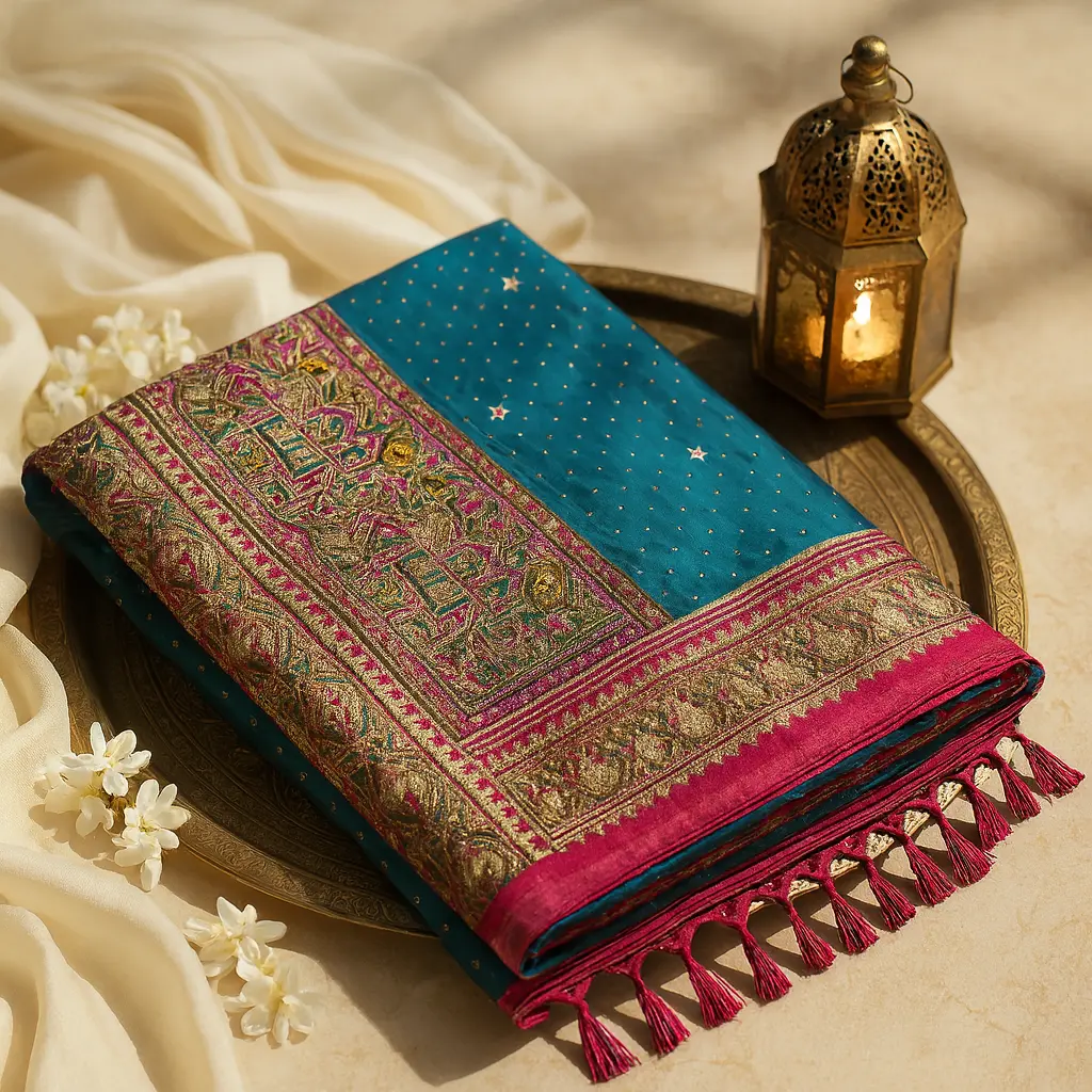 Teal Blue Silk Saree with Hand-Embroidered Elephant Border