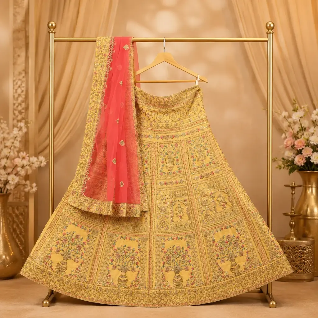 Women's Mustard Lehenga Choli with Floral Embroidery and Coral Net Dupatta
