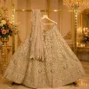 Women's Champagne Gold Bridal Lehenga Choli with Sequins, Floral Embroidery and Matching Net Dupatta