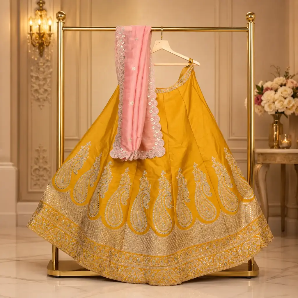 Women's Mustard Yellow Lehenga Choli with Paisley Embroidery and Pink Dupatta