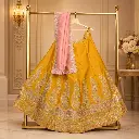 Women's Mustard Yellow Lehenga Choli with Paisley Embroidery and Pink Dupatta