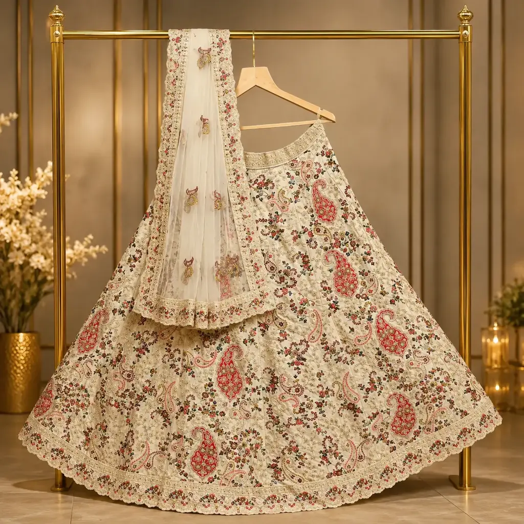 Ivory Bridal Lehenga Choli with Multicolor Paisley Embroidery and Matching Dupatta
