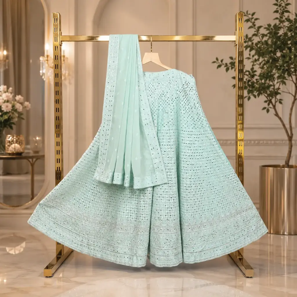 Women's Mint Aqua Lehenga Choli with Mirror Sequin Work and Matching Dupatta