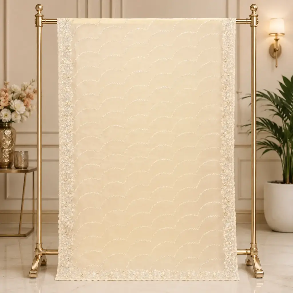 Ivory Organza Saree with Pearl Wave Embroidery and Floral Lace Border