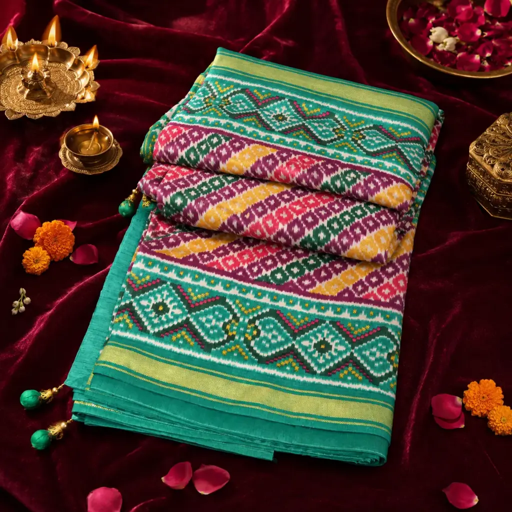 Teal Green Patola Print Saree with Multicolor Border & Tassels Festive Ethnic Wear