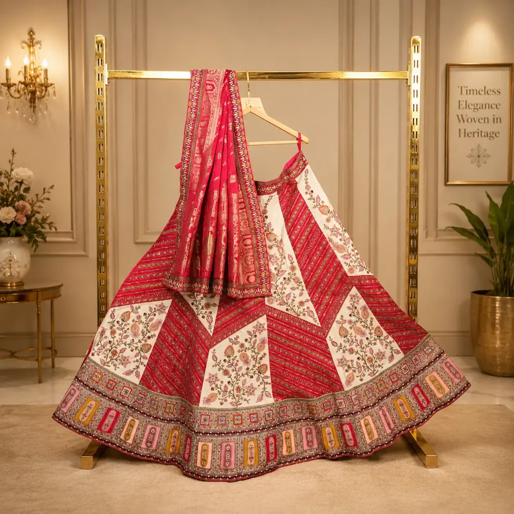 Women's Pink & Ivory Lehenga Choli with Floral Embroidery and Matching Dupatta