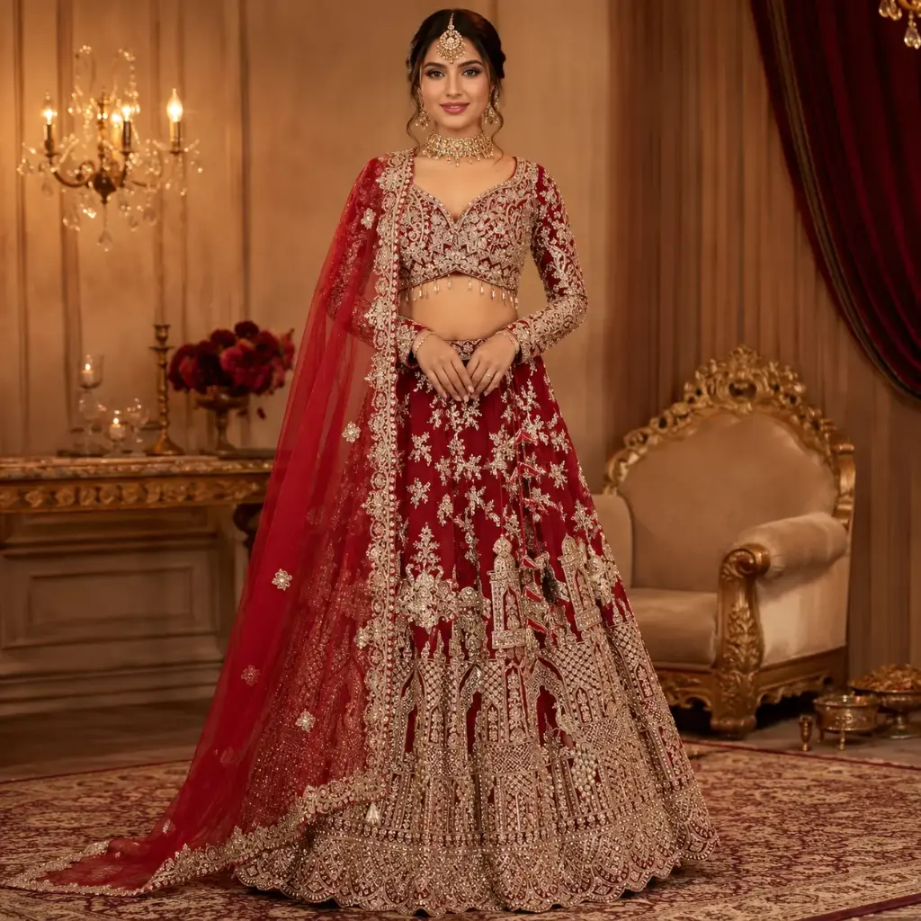 Women's Maroon Gold Embroidered Lehenga Choli with Net Dupatta for Wedding Bridal Festive Party Wear