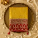 Luxury Mustard and Red Embroidered Designer Silk Saree