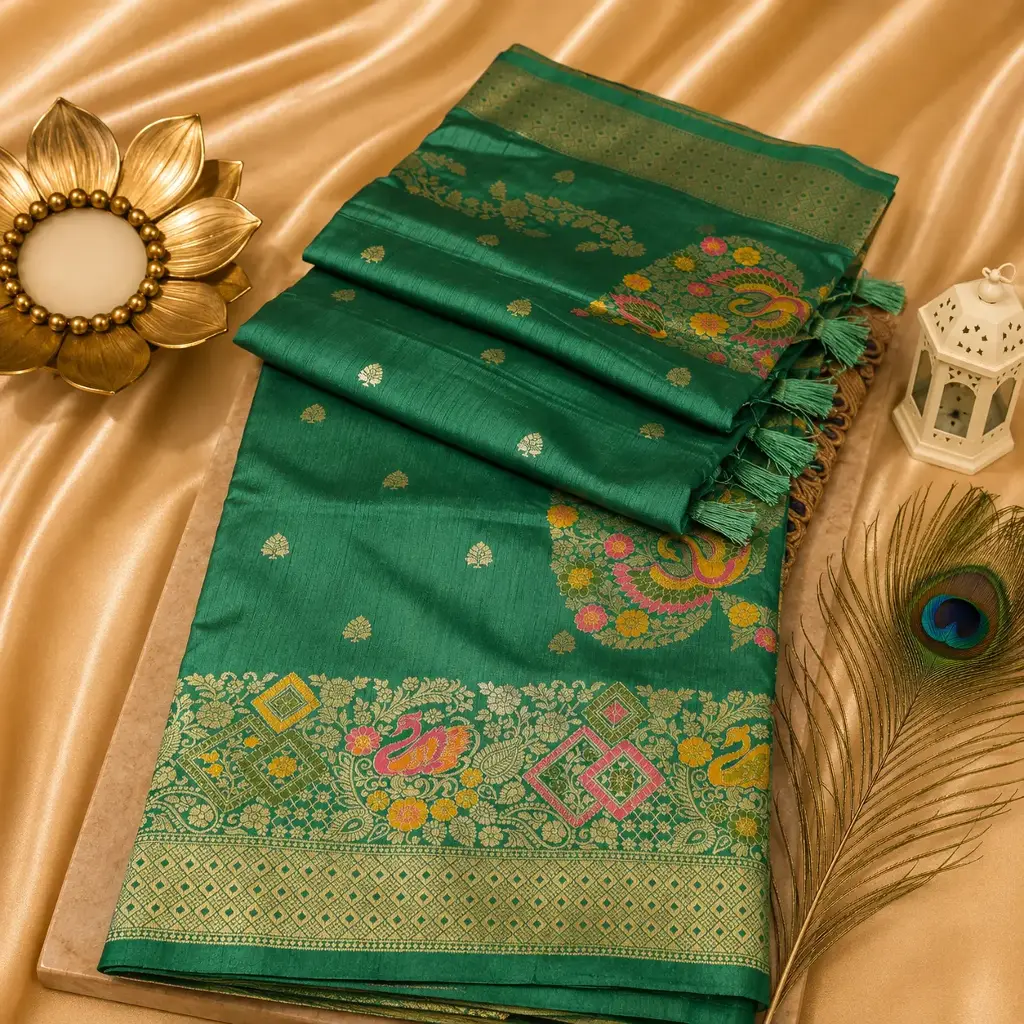 Elegant Sea Green Banarasi Silk Saree with Multicolor Peacock Zari Border