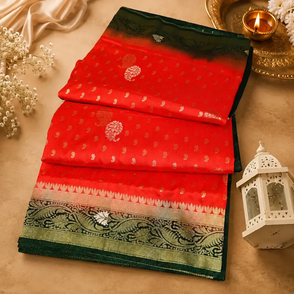 Elegant Red Banarasi Silk Saree with Black Zari Border & Gold Buti Weaving