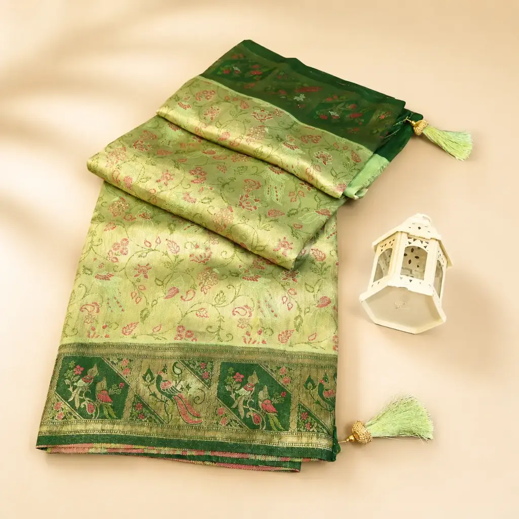 Light Green Banarasi Style Saree with Dark Green Floral Border and Tassel Pallu