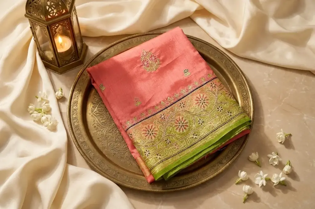 Coral Pink Silk Saree with Contrast Green Embroidered Border