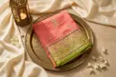 Coral Pink Silk Saree with Contrast Green Embroidered Border