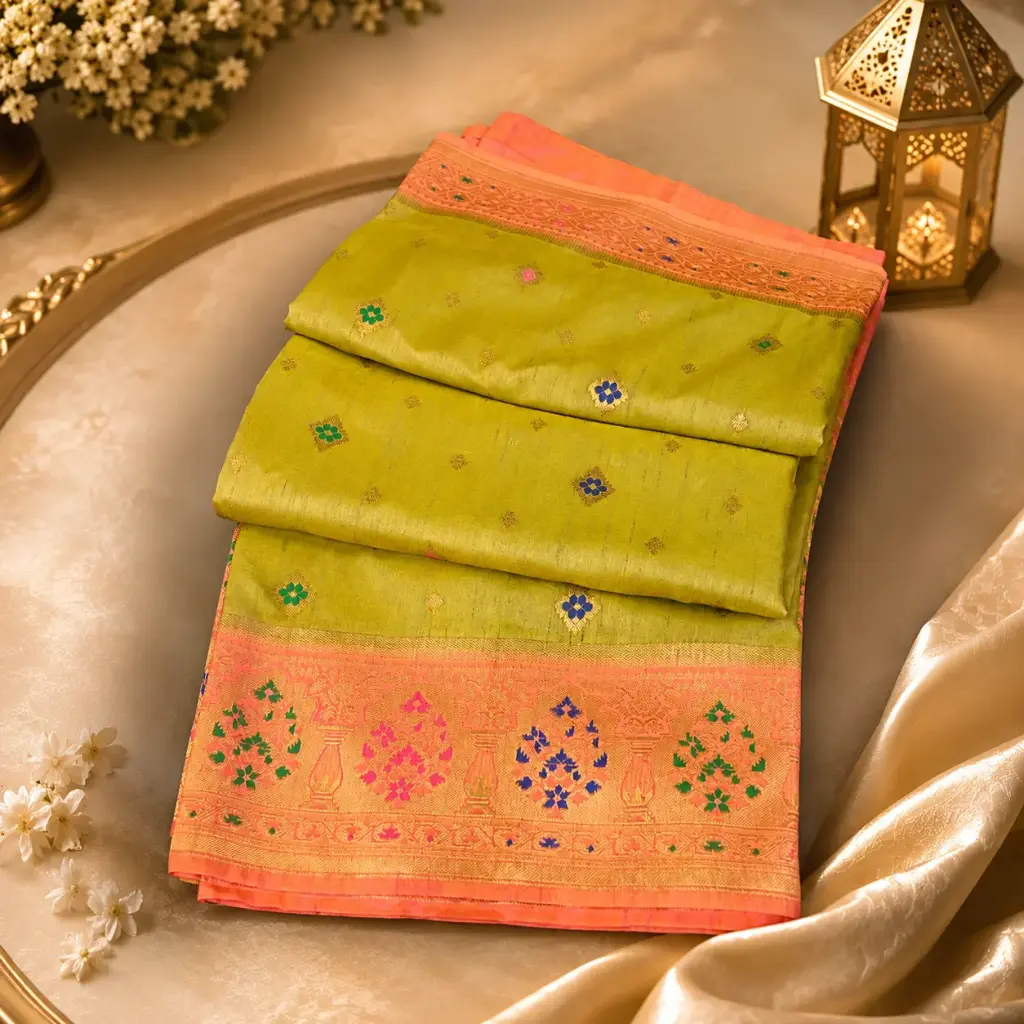 Olive Green Banarasi Silk Saree with Peach Zari Border & Multicolor Floral Butta Traditional Wear 