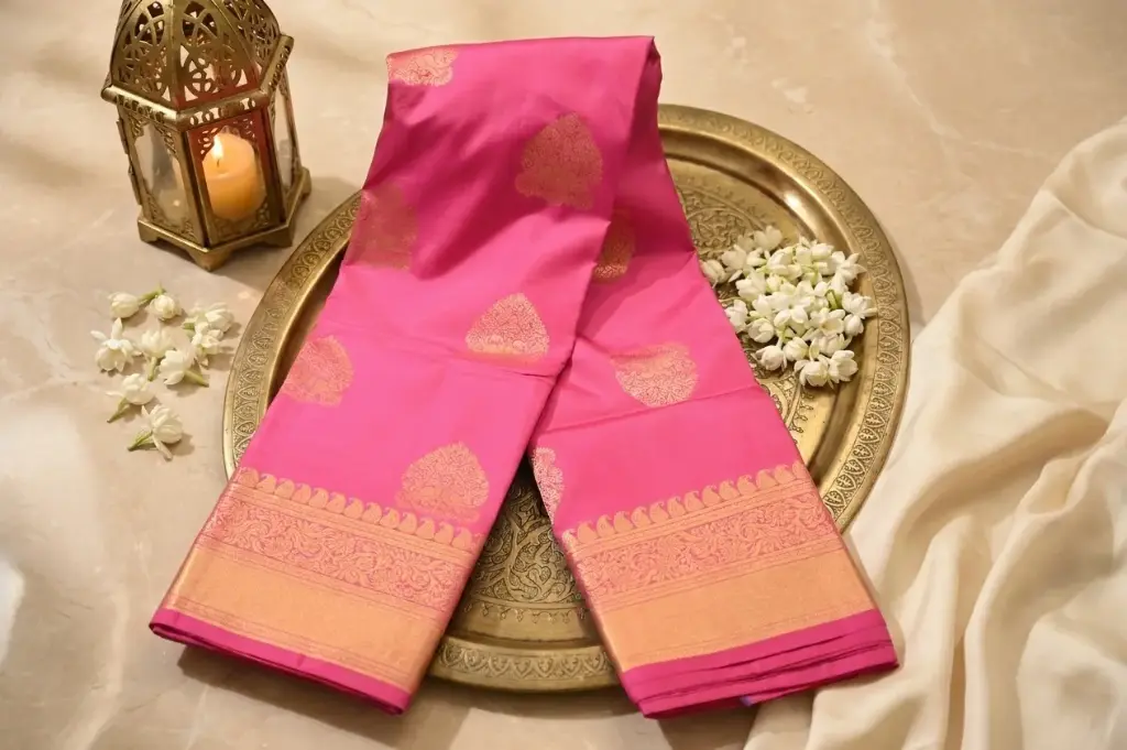 Rani Pink Pure Silk Saree with Gold Zari Border