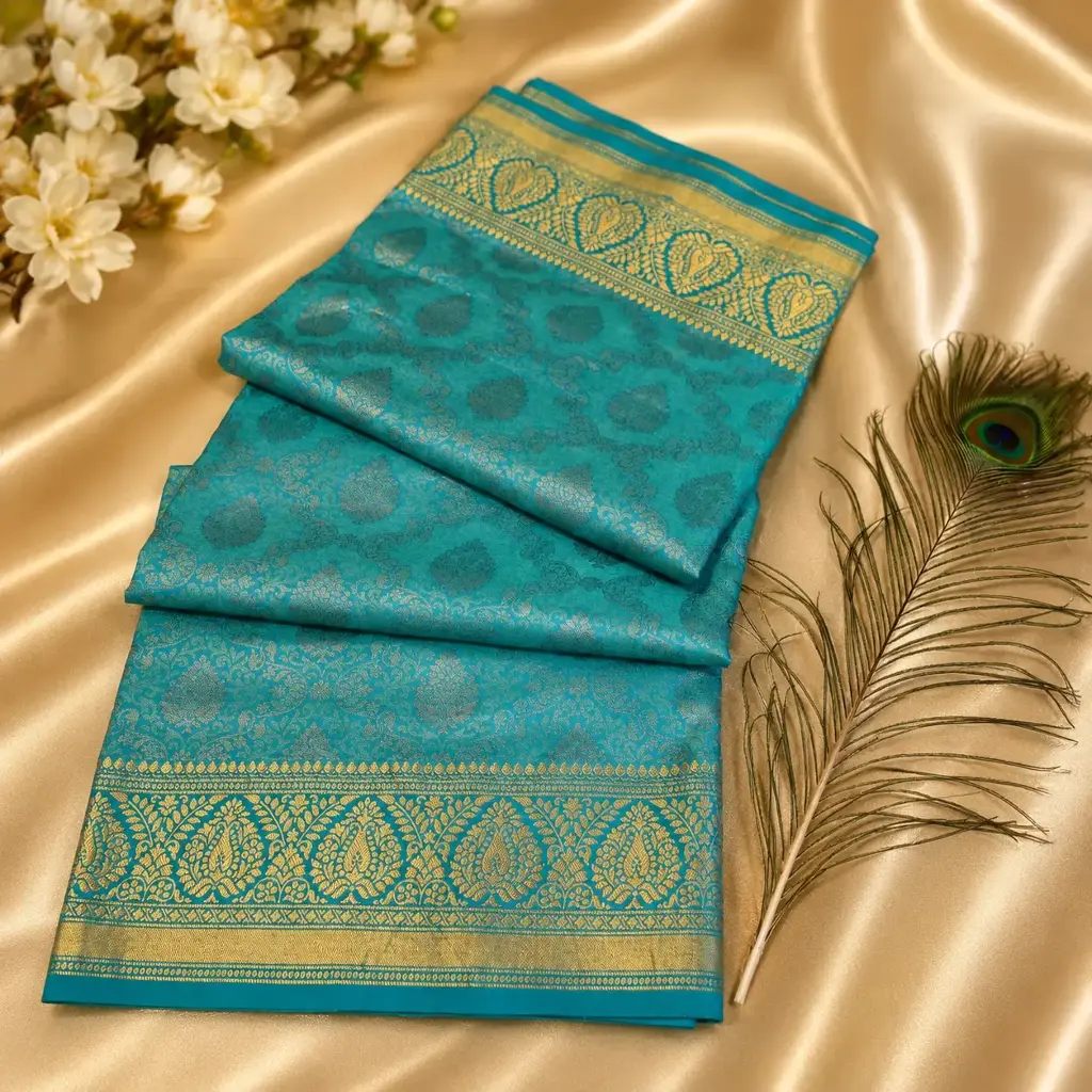 Turquoise Blue Soft Silk Saree with Gold Zari Buttas & Traditional Woven Border