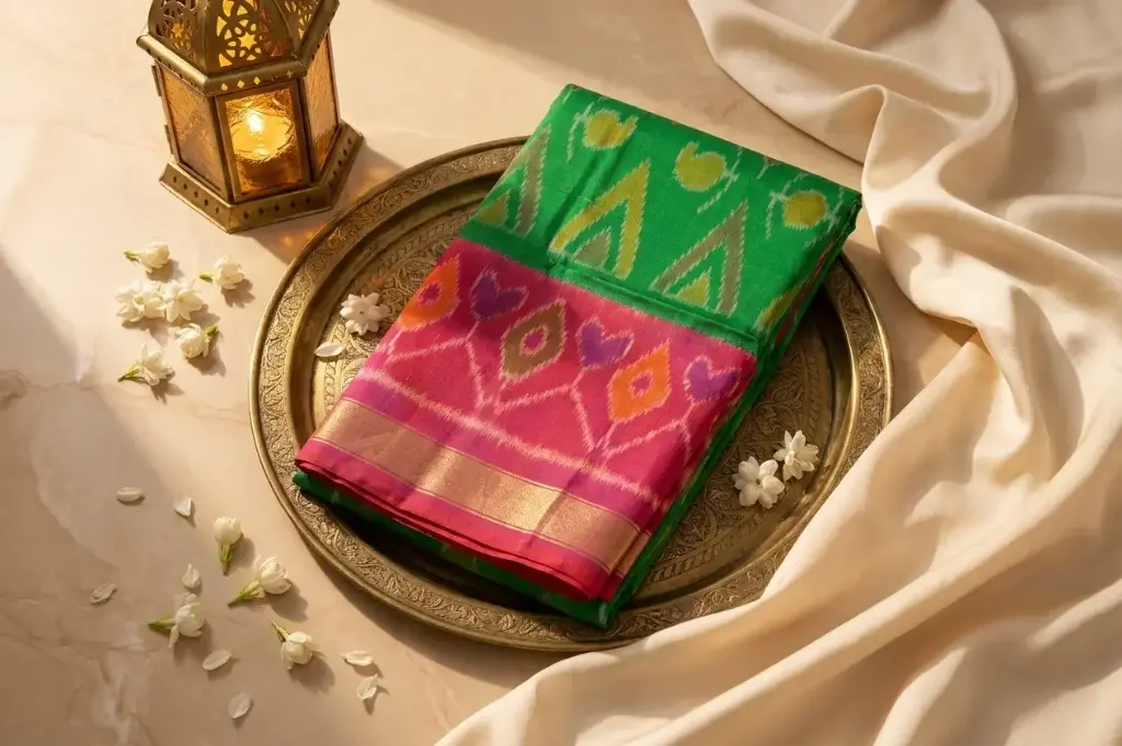Emerald Green and Rani Pink Handloom Silk Ikat Saree