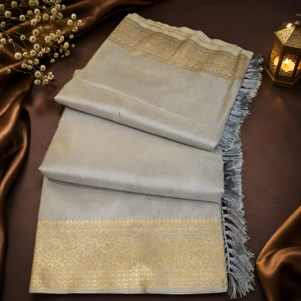 Elegant Silver Grey Soft Silk Saree with Gold Zari Border & Tassels