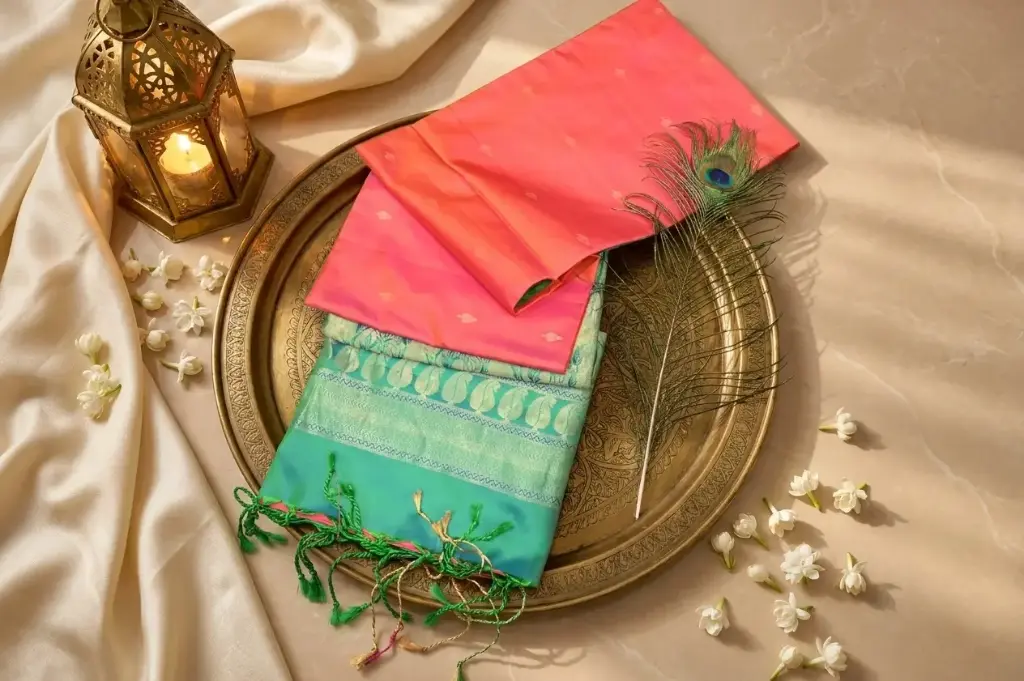 Coral Peach and Teal Green Soft Silk Zari Saree