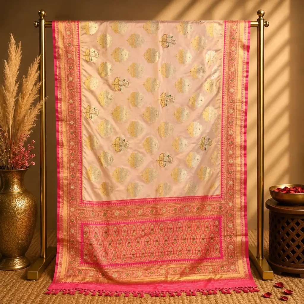 Beige Banarasi Saree with Gold Buti Work and Rich Pink Border