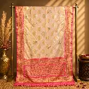Beige Banarasi Saree with Gold Buti Work and Rich Pink Border