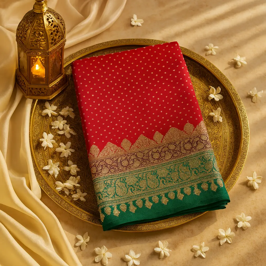 Elegant Red and Green Banarasi Silk Saree with Zari Work