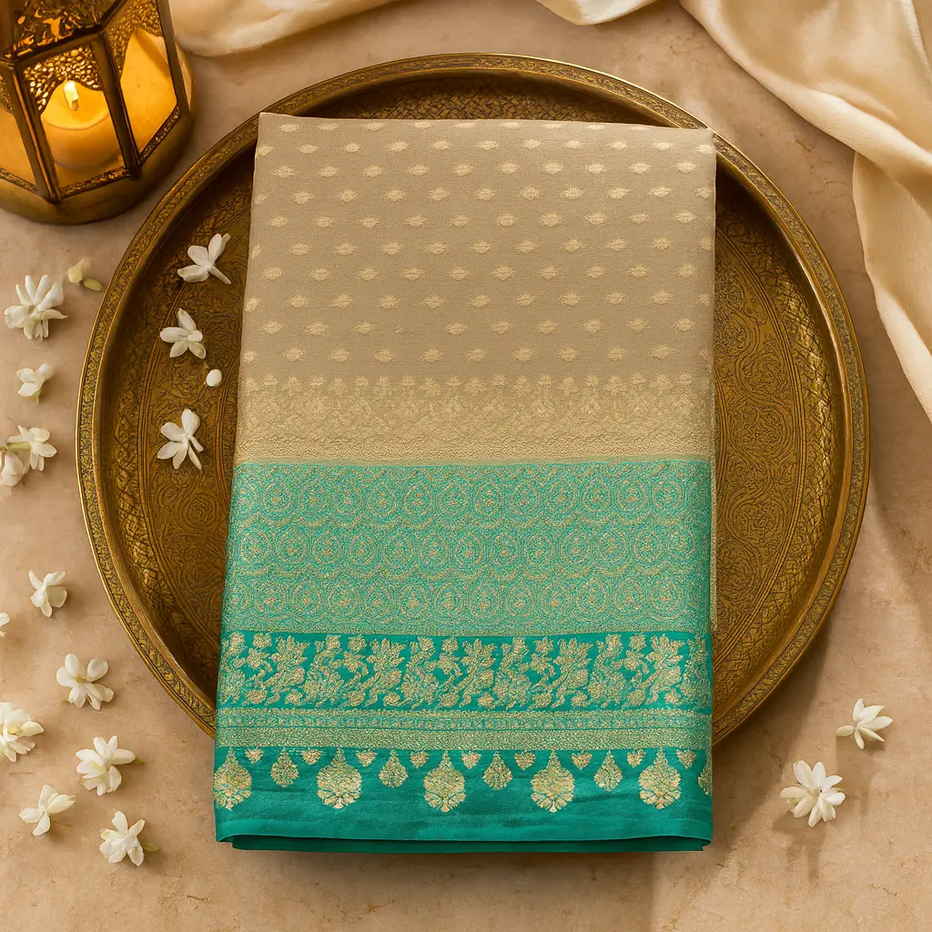 Elegant Mint Green and Gold Designer Zari Embellished Saree