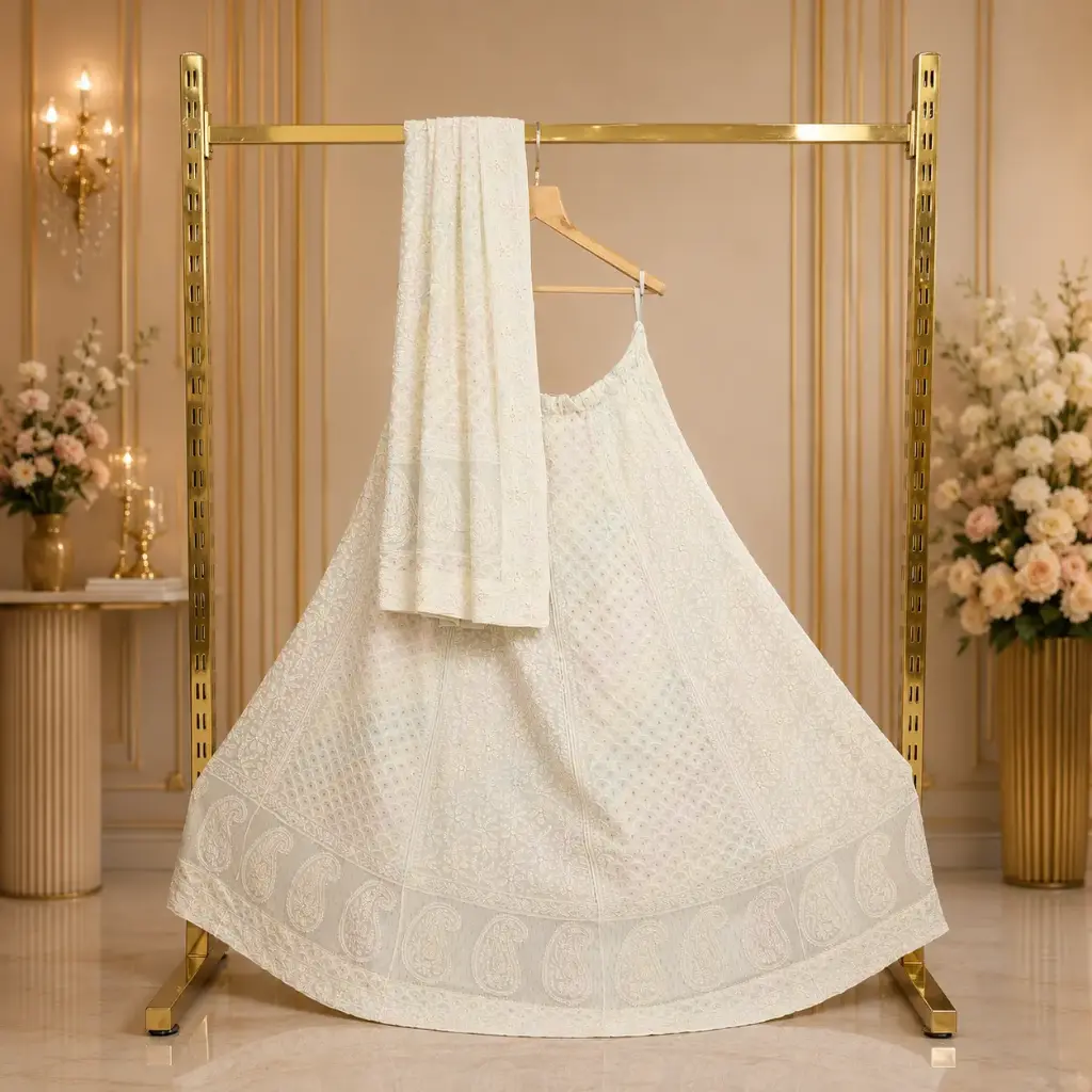 Women's White Bridal Lehenga Choli Set with Pastel Embroidery and Matching Dupatta for Wedding Wear