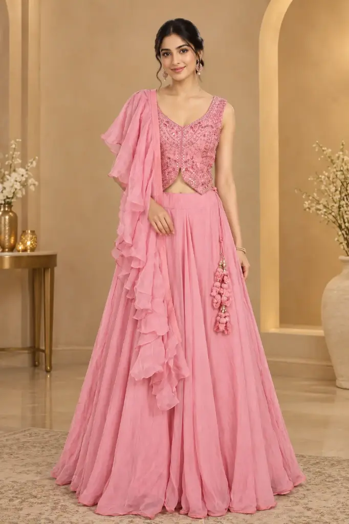 Blush Pink Embroidered Crop Top Lehenga Set with Ruffled Dupatta
